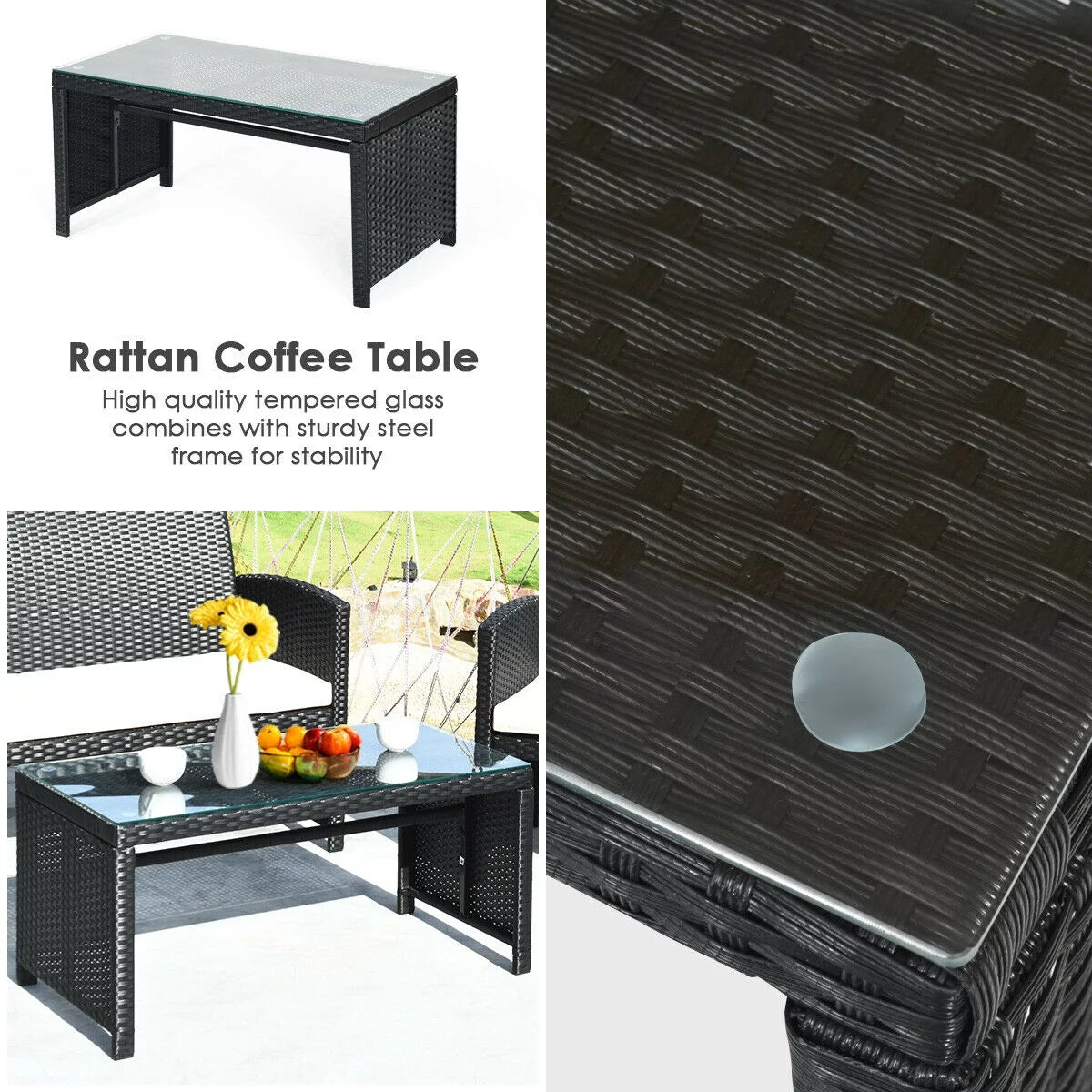 Luxury Black Rattan Patio Set: 4 - Piece Cushioned Sofa & Table for Outdoor Comfort - Nourishment Tapestry