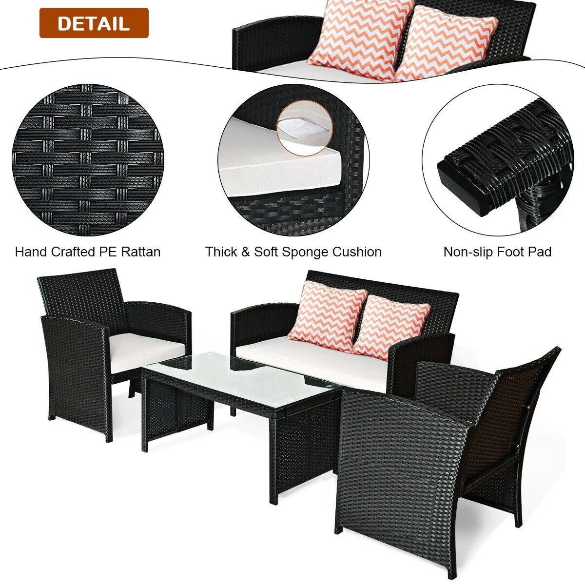 Luxury Black Rattan Patio Set: 4 - Piece Cushioned Sofa & Table for Outdoor Comfort - Nourishment Tapestry