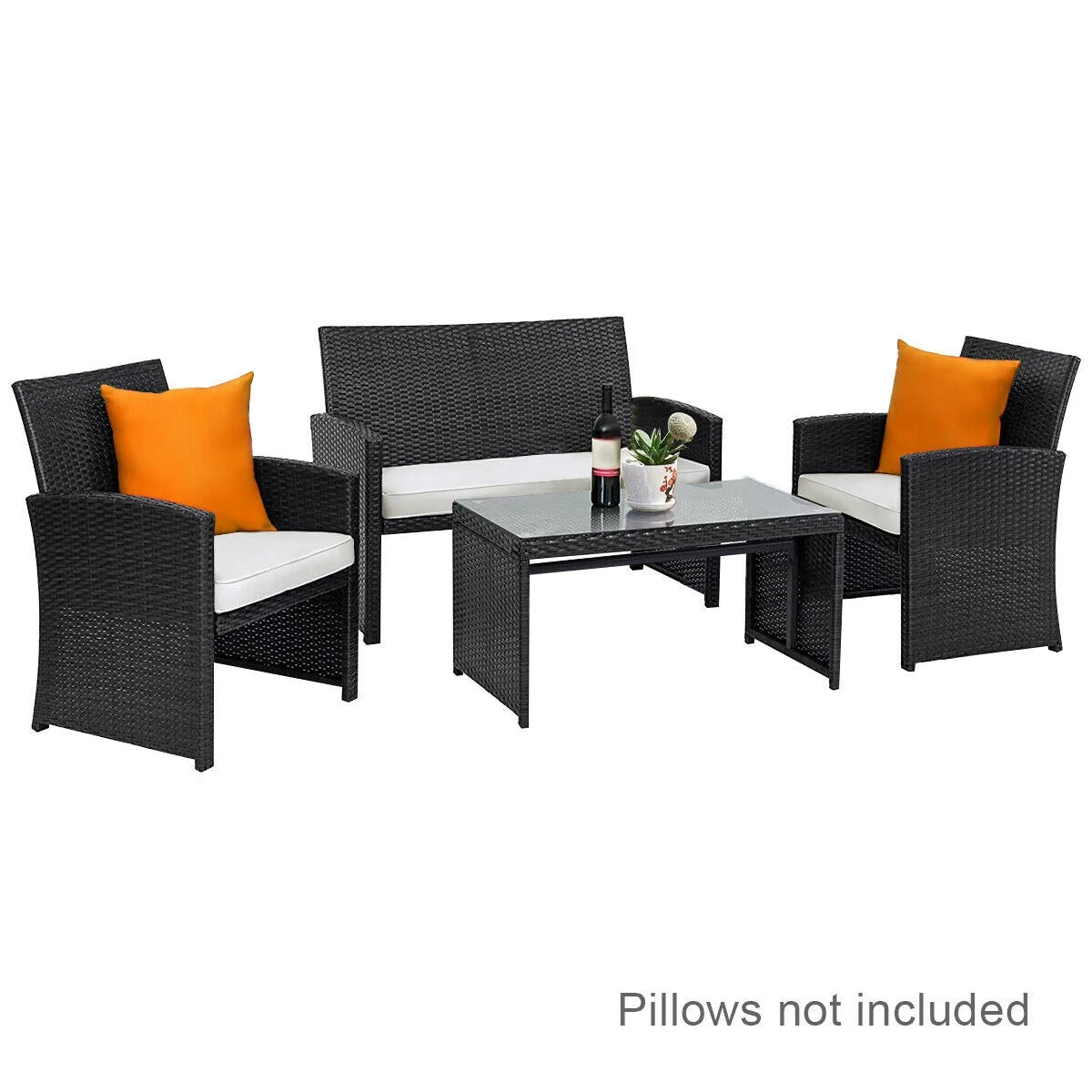 Luxury Black Rattan Patio Set: 4 - Piece Cushioned Sofa & Table for Outdoor Comfort - Nourishment Tapestry