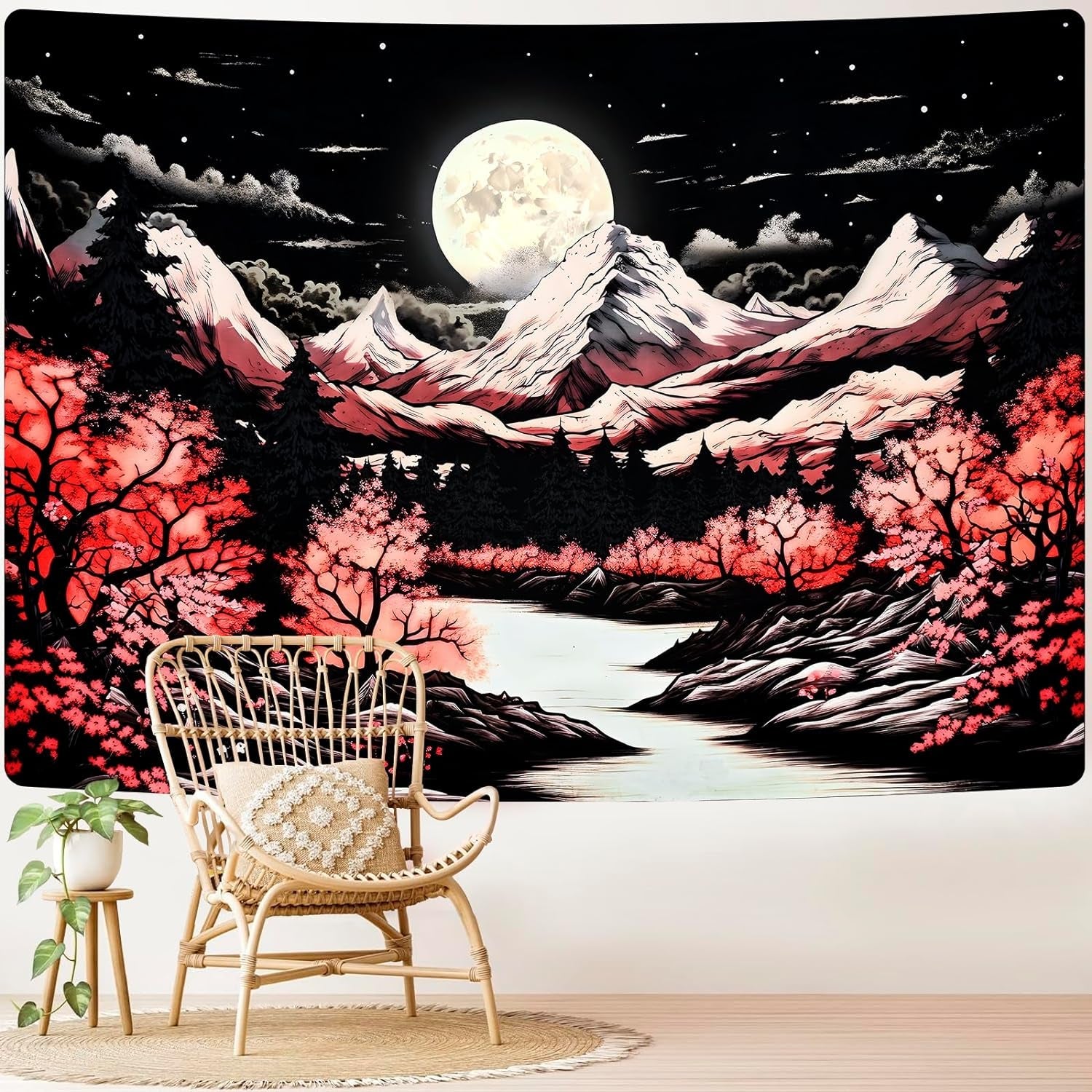 "Mystical Moonlit Mountain Tapestry - Nature - Inspired Wall Decor for Bedroom and Dorm - 150x130cm" - Nourishment Tapestry