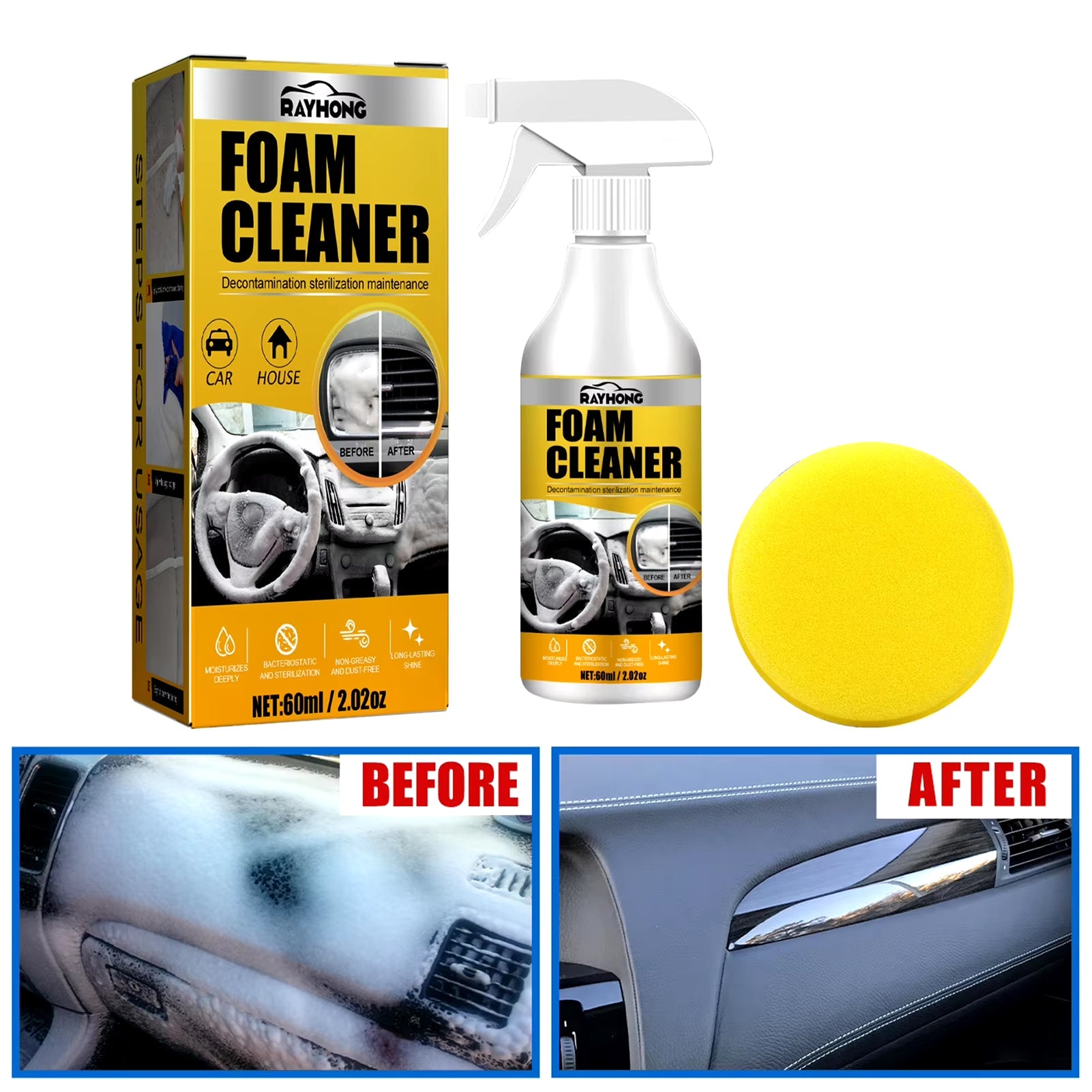 Powerful 60ML Multi - Purpose Foam Cleaner: Car & Home Interior Magic Spray with Sponge - Nourishment Tapestry