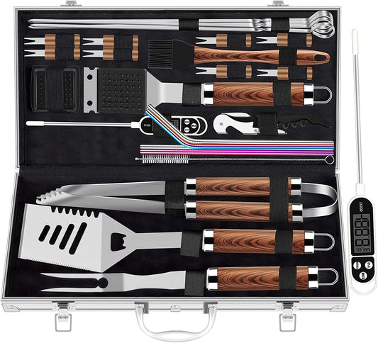 Premium 26 - Piece BBQ Grill Tool Set with Meat Thermometer and Aluminum Case - Nourishment Tapestry