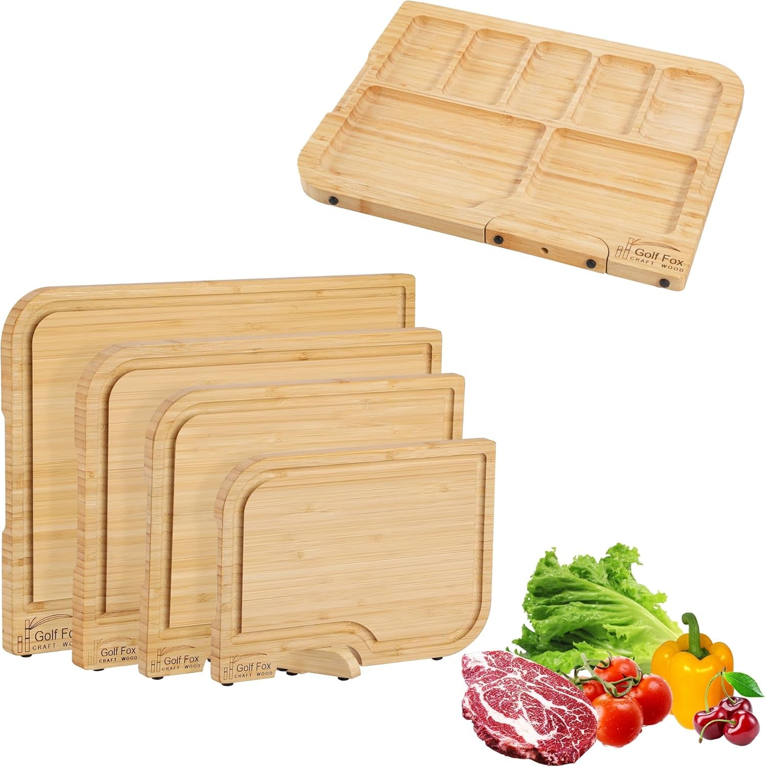 4 Pcs Bamboo Cutting Board Set Wood Cutting Board For Kitchen With Innovative Stand Juice Groove Handle Double Sided For Chopping Charcuterie Board Kitchen Gift For Home Cooks For Meat Fruit