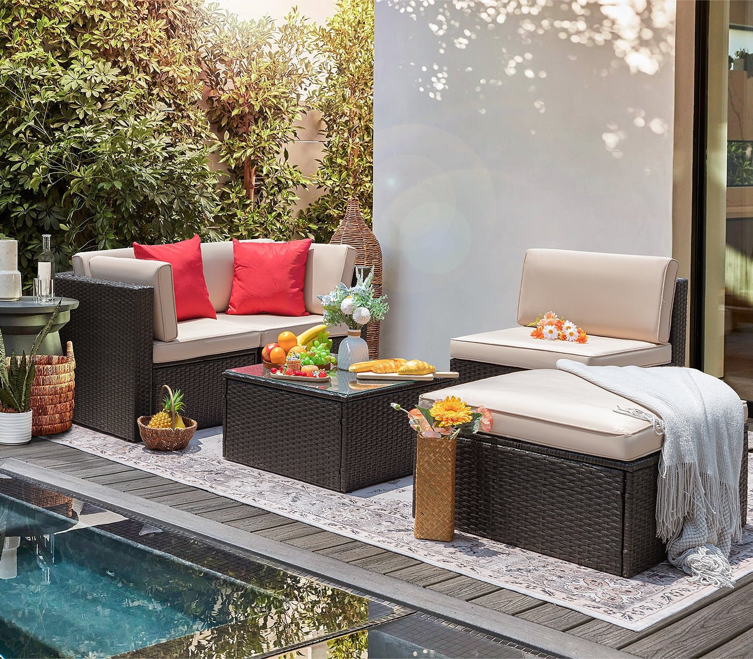Premium 5 - Piece Wicker Patio Set: All - Weather Rattan Sectional with Table, Beige - Upgrade Your Outdoor Space Today! - Nourishment Tapestry