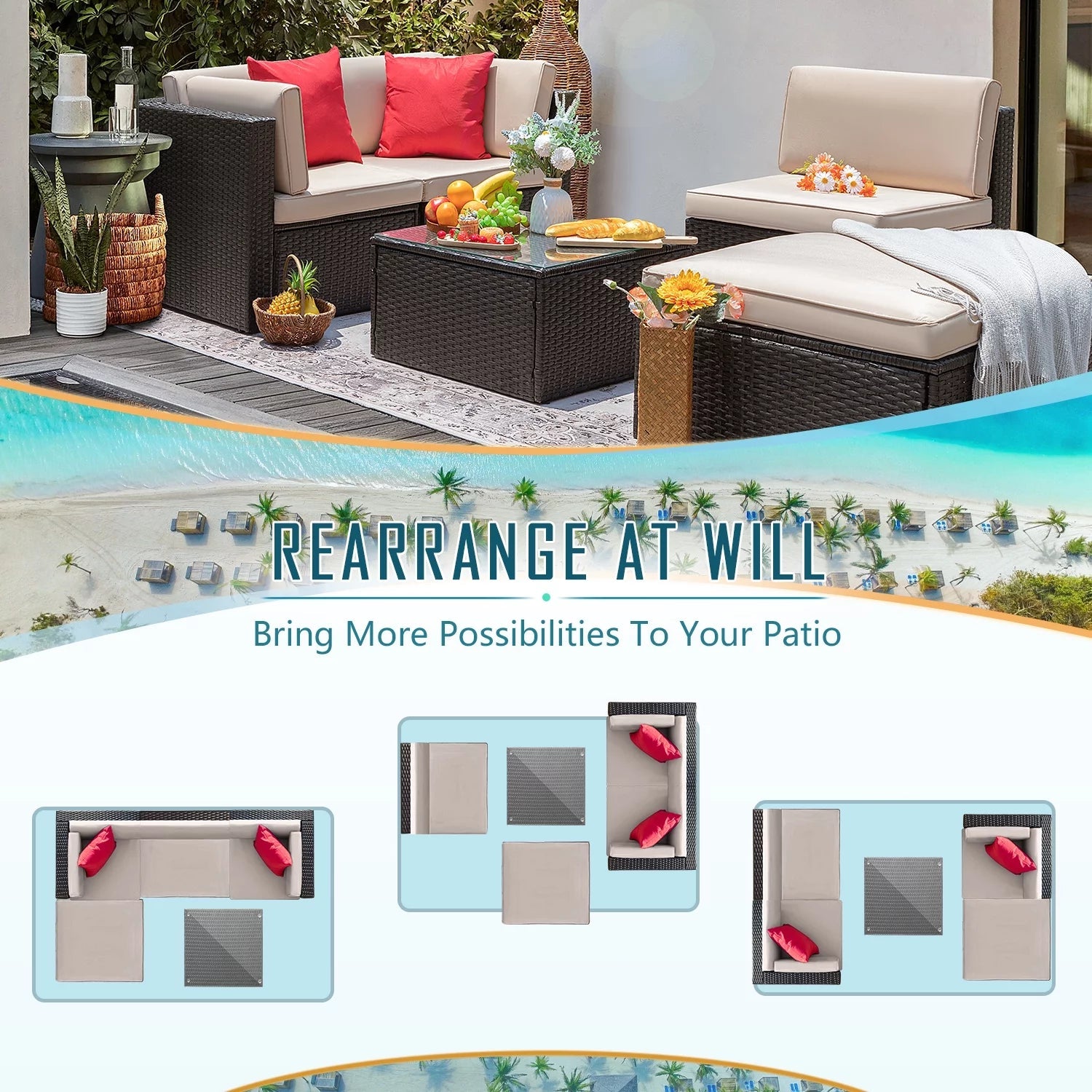 Premium 5 - Piece Wicker Patio Set: All - Weather Rattan Sectional with Table, Beige - Upgrade Your Outdoor Space Today! - Nourishment Tapestry
