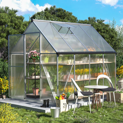 Premium 6x8 Walk - In Polycarbonate Greenhouse with Silver Frame, Roof Vent, and Lockable Doors - Nourishment Tapestry