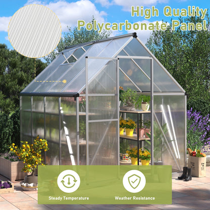 Premium 6x8 Walk - In Polycarbonate Greenhouse with Silver Frame, Roof Vent, and Lockable Doors - Nourishment Tapestry