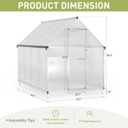 Premium 6x8 Walk - In Polycarbonate Greenhouse with Silver Frame, Roof Vent, and Lockable Doors - Nourishment Tapestry