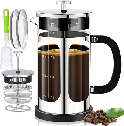 Premium French Press Coffee Maker - 34oz Capacity, 4 Filters, Borosilicate Glass, Cold Brew Tea Pot - Silvery - Buy Now! - Nourishment Tapestry
