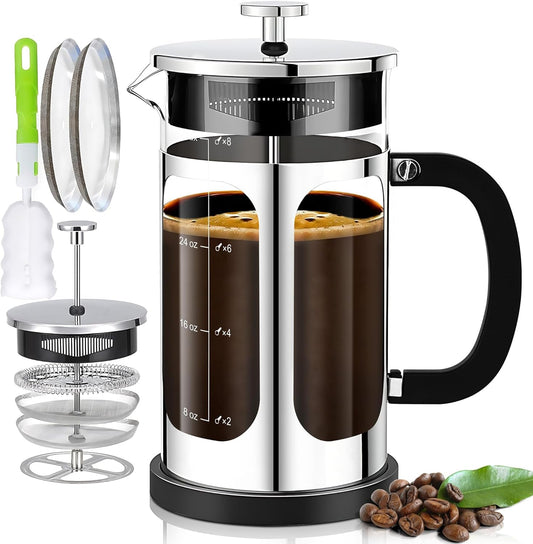 Premium French Press Coffee Maker - 34oz Capacity, 4 Filters, Borosilicate Glass, Cold Brew Tea Pot - Silvery - Buy Now! - Nourishment Tapestry