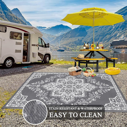 Reversible Gray Outdoor Rug 5x7: Versatile Mat for RV, Camping, Patio & Beach - Nourishment Tapestry