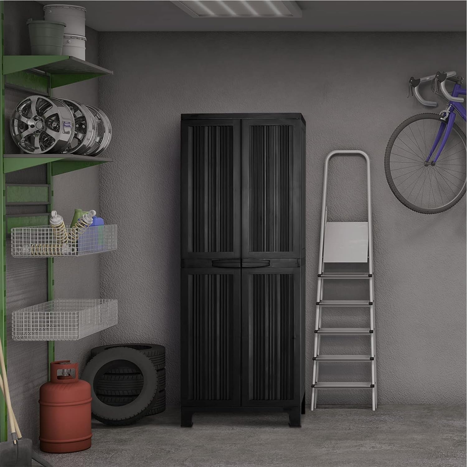 Secure 173cm Garden Shed: Lockable, Adjustable, Black Storage Cabinet for Outdoor Use - Nourishment Tapestry