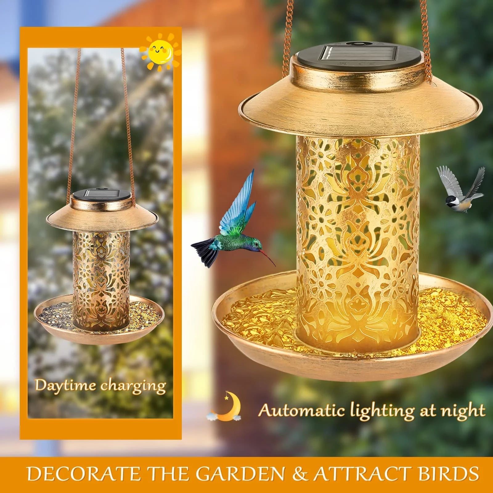 Solar - Powered Bird Feeder with LED Light: Eco - Friendly Outdoor Feeding Station, Brown 7.8" Hook Design - Nourishment Tapestry