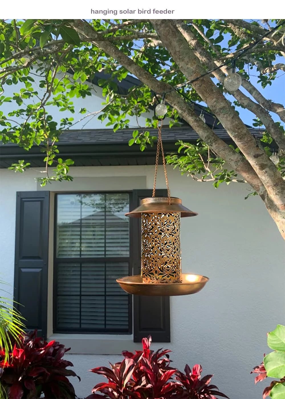 Solar - Powered Bird Feeder with LED Light: Eco - Friendly Outdoor Feeding Station, Brown 7.8" Hook Design - Nourishment Tapestry