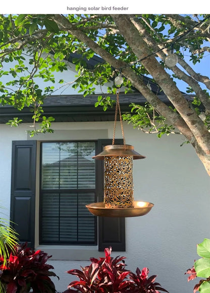 Solar - Powered Bird Feeder with LED Light: Eco - Friendly Outdoor Feeding Station, Brown 7.8" Hook Design - Nourishment Tapestry