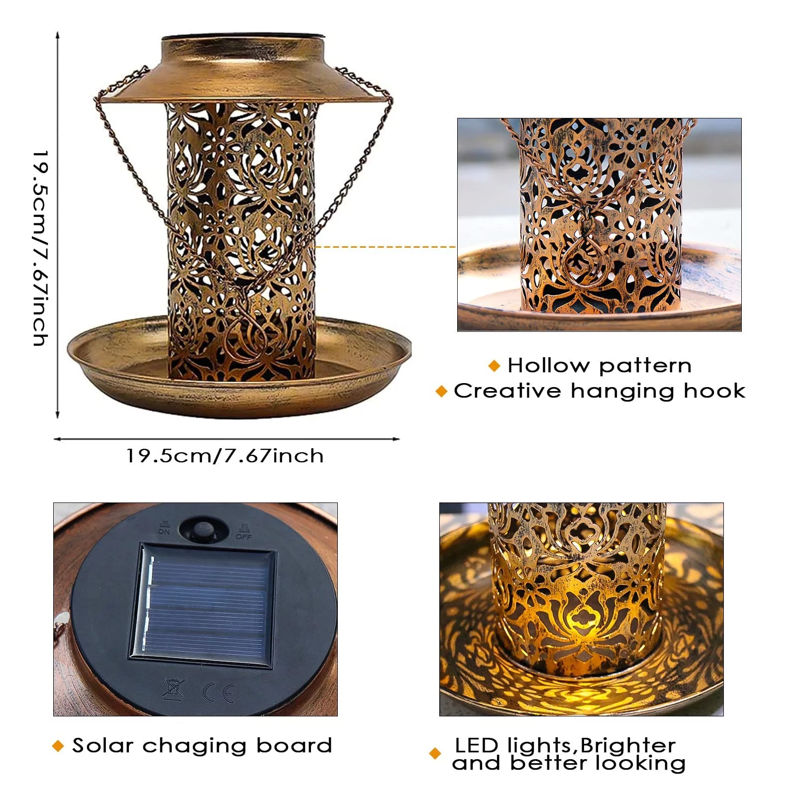 Solar - Powered Bird Feeder with LED Light: Eco - Friendly Outdoor Feeding Station, Brown 7.8" Hook Design - Nourishment Tapestry