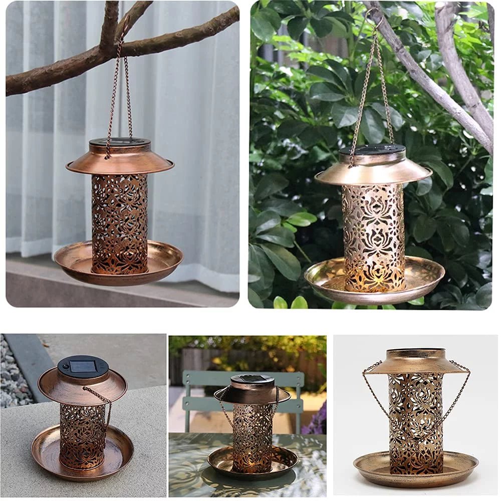 Solar - Powered Bird Feeder with LED Light: Eco - Friendly Outdoor Feeding Station, Brown 7.8" Hook Design - Nourishment Tapestry