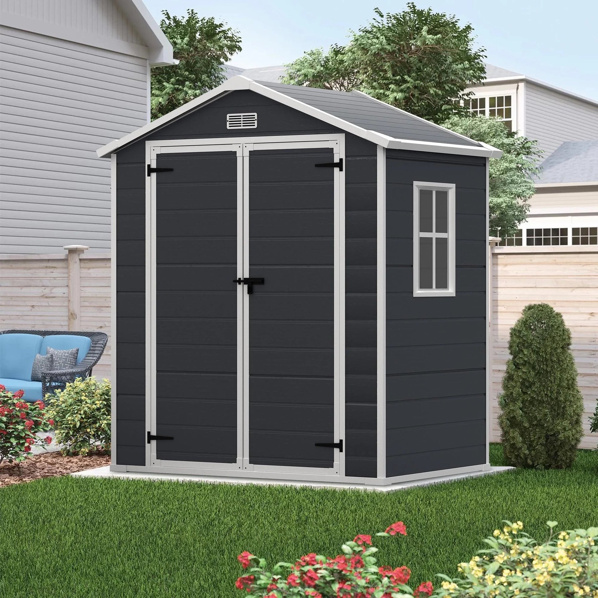 Spacious All - Weather Resin Shed with Floor, Window & Lockable Door: Secure Garden Storage - Nourishment Tapestry