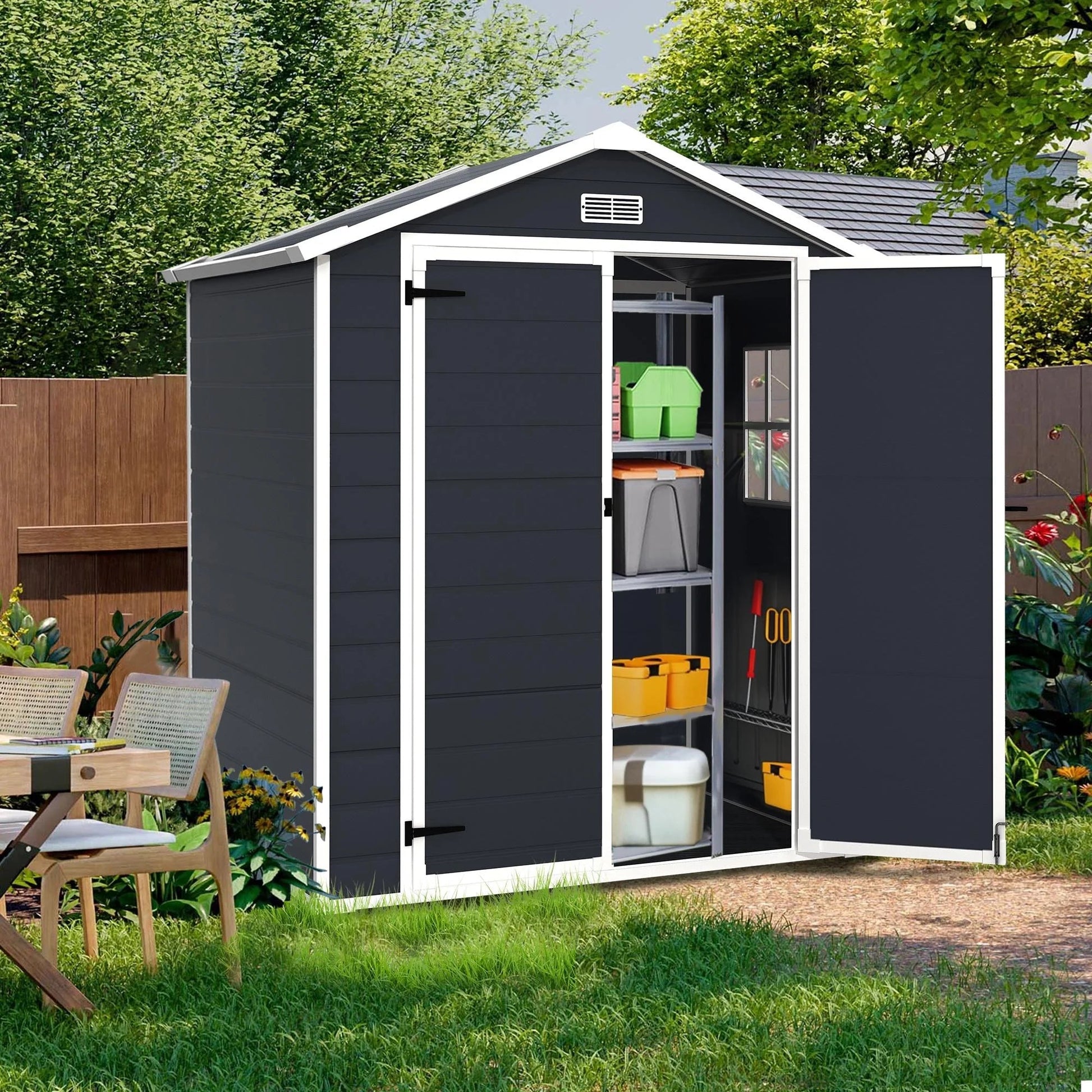 Spacious All - Weather Resin Shed with Floor, Window & Lockable Door: Secure Garden Storage - Nourishment Tapestry