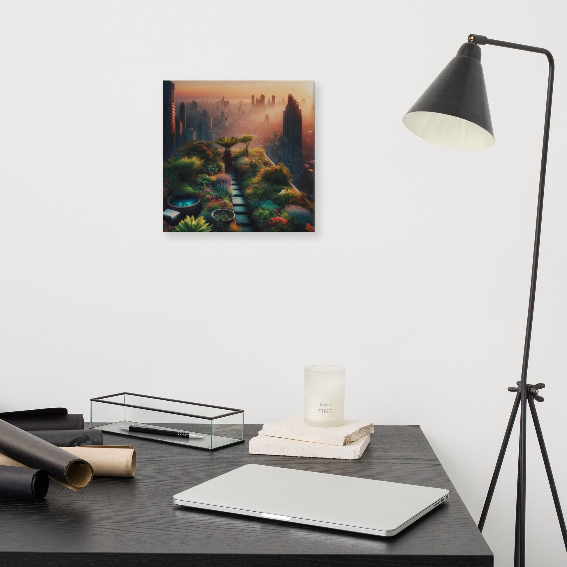 Urban Oasis Rooftop Canvas: Serene Cityscape Wall Art for Modern Home Decor - 24x36 Inch - Nourishment Tapestry