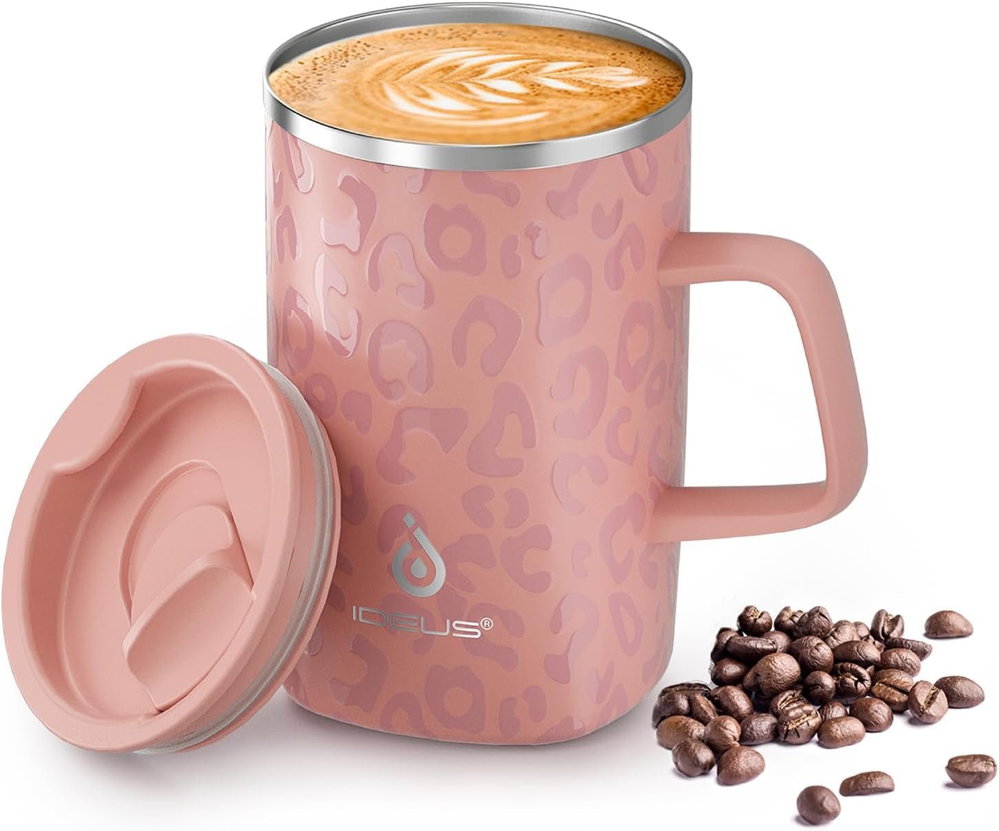 Vacuum Insulated Coffee Mug, 16Oz Reusable Stainless Steel Thermal Double Walled Cup with Handle and Slider Lid for Hot & Cold Beverages, BPA Free (Leapord Pink) - Nourishing Tapestry