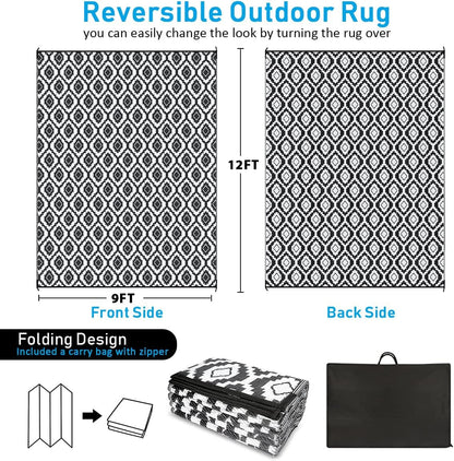 Waterproof 9x12 Reversible Outdoor Rug: Black/White Mat for Patio, Camping, RV, Backyard - Durable & Stylish Outdoor Rug - Nourishment Tapestry