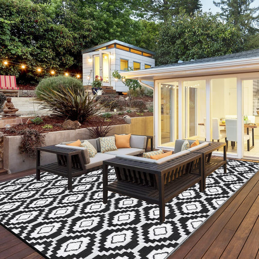 Waterproof 9x12 Reversible Outdoor Rug: Black/White Mat for Patio, Camping, RV, Backyard - Durable & Stylish Outdoor Rug - Nourishment Tapestry