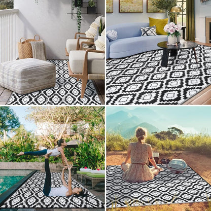 Waterproof 9x12 Reversible Outdoor Rug: Black/White Mat for Patio, Camping, RV, Backyard - Durable & Stylish Outdoor Rug - Nourishment Tapestry