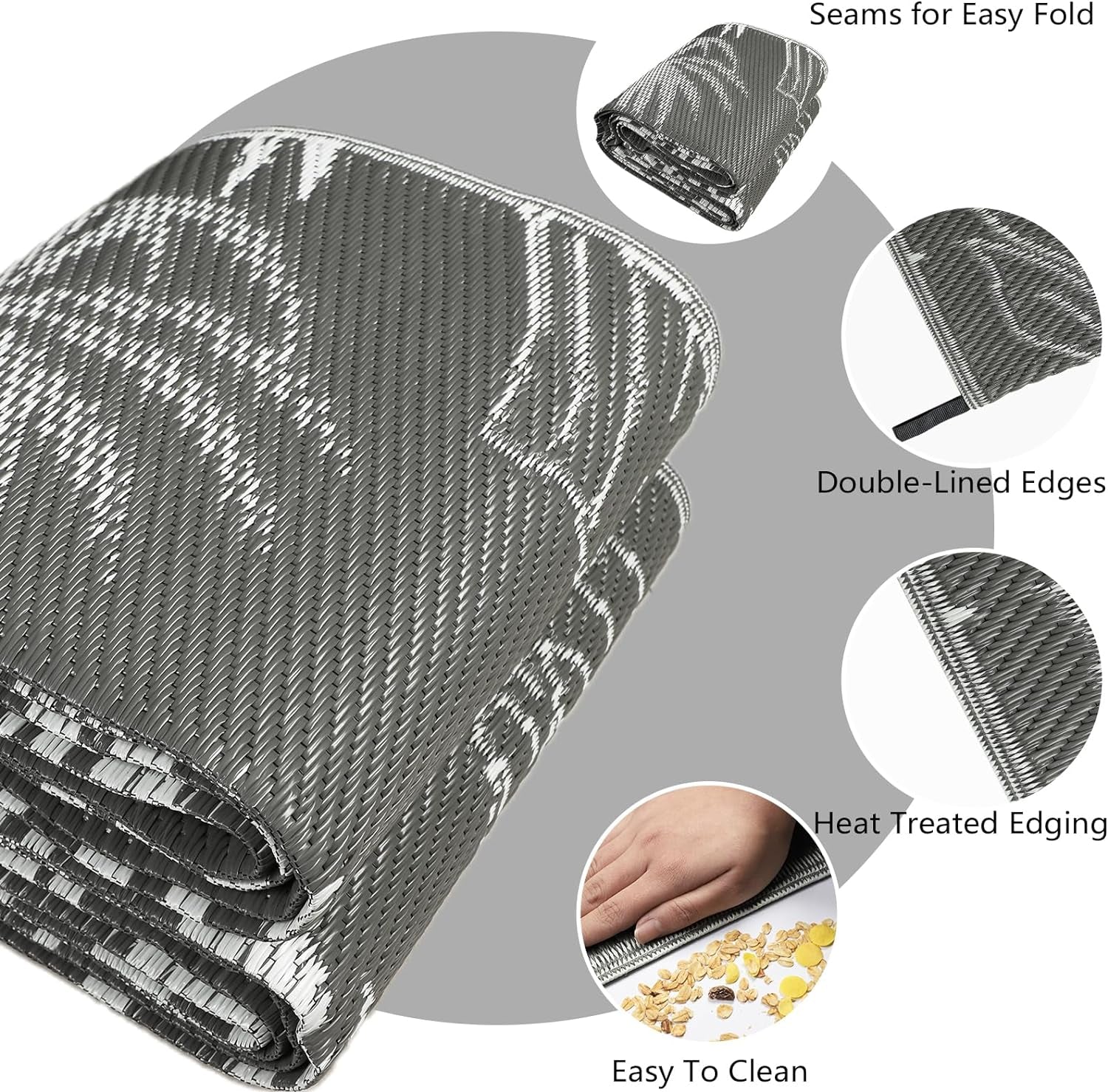 Waterproof Reversible Outdoor Rug 150x245cm: Grey Mat for Patio, Camping, RV & Picnic - Nourishment Tapestry