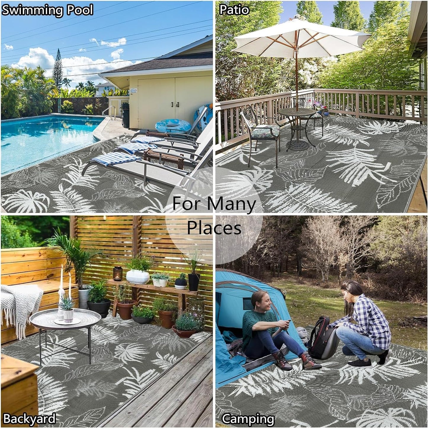 Waterproof Reversible Outdoor Rug 150x245cm: Grey Mat for Patio, Camping, RV & Picnic - Nourishment Tapestry