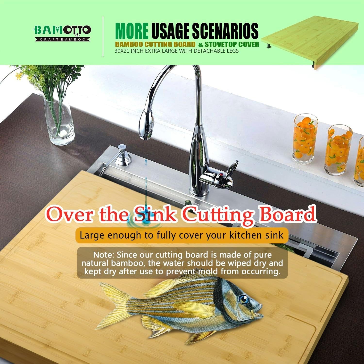 XL Bamboo Cutting Board & Stove Cover 30x21: Kitchen Multitool for Chopping & Cooking - Nourishment Tapestry