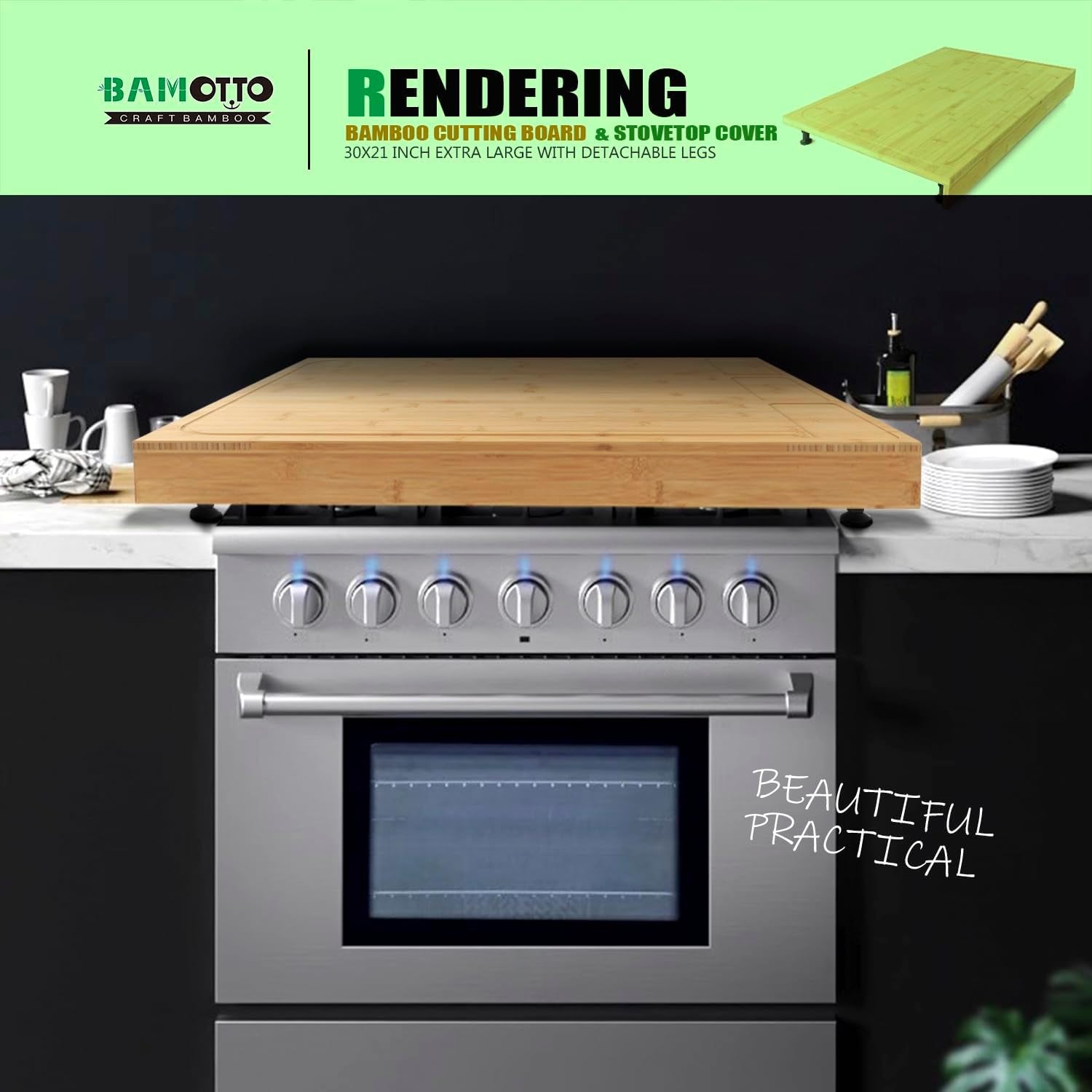 XL Bamboo Cutting Board & Stove Cover 30x21: Kitchen Multitool for Chopping & Cooking - Nourishment Tapestry