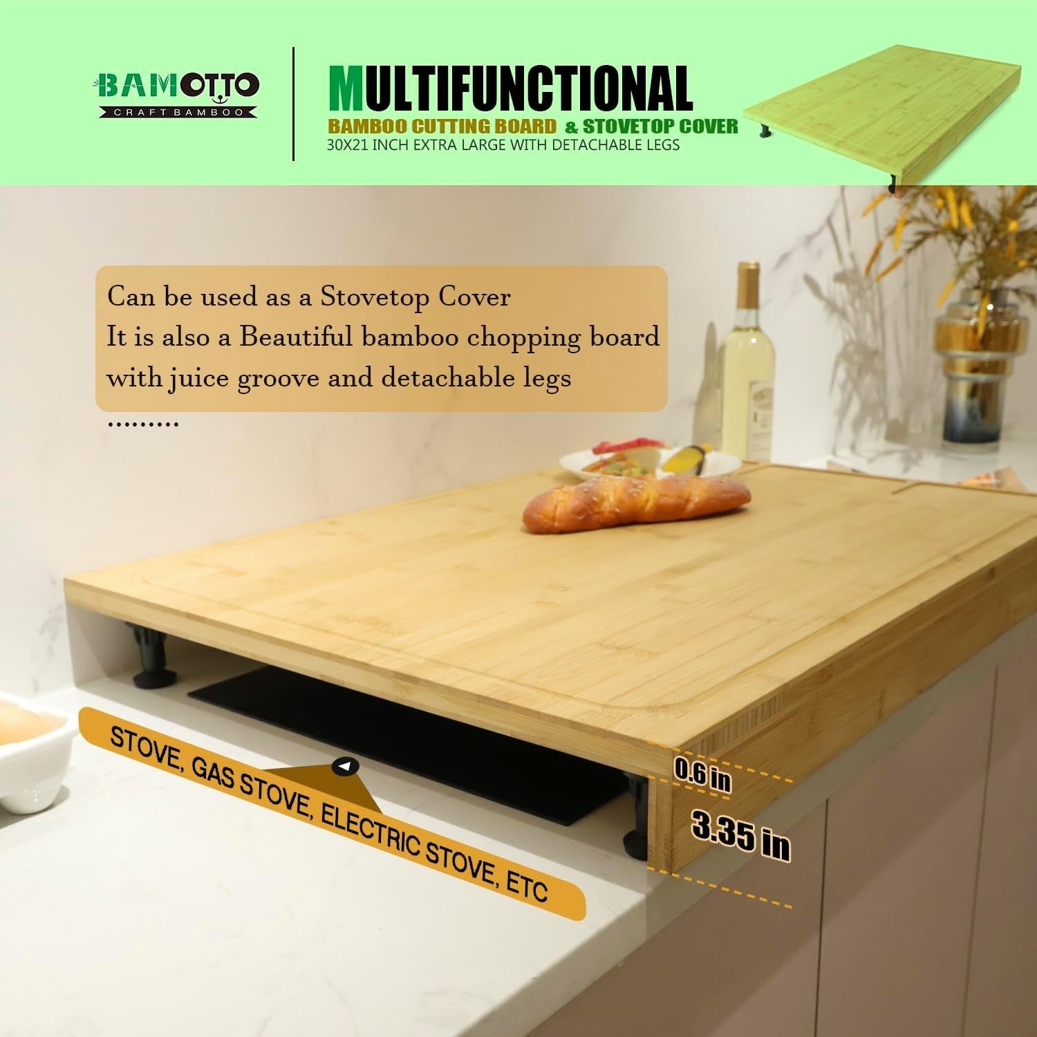 XL Bamboo Cutting Board & Stove Cover 30x21: Kitchen Multitool for Chopping & Cooking - Nourishment Tapestry