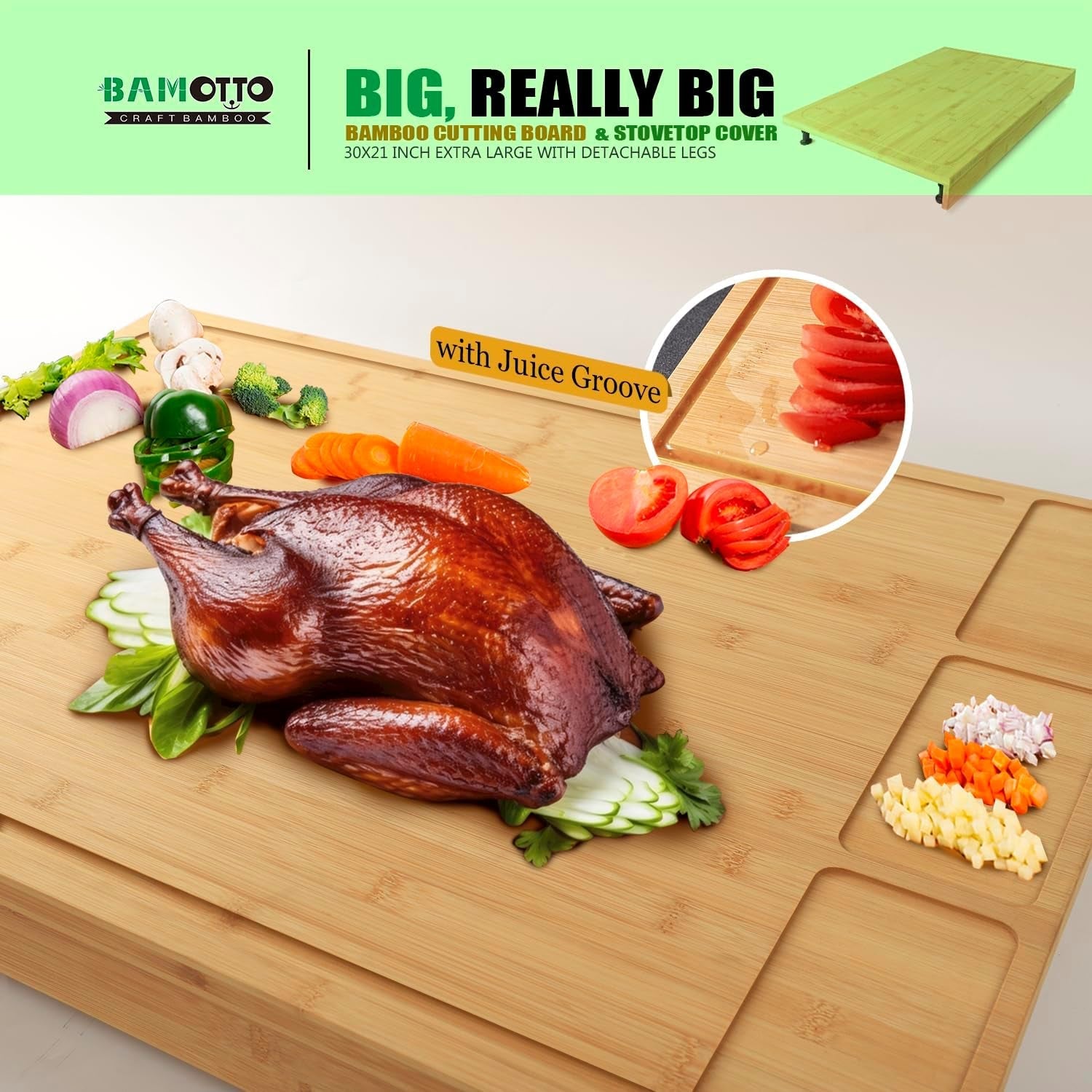 XL Bamboo Cutting Board & Stove Cover 30x21: Kitchen Multitool for Chopping & Cooking - Nourishment Tapestry