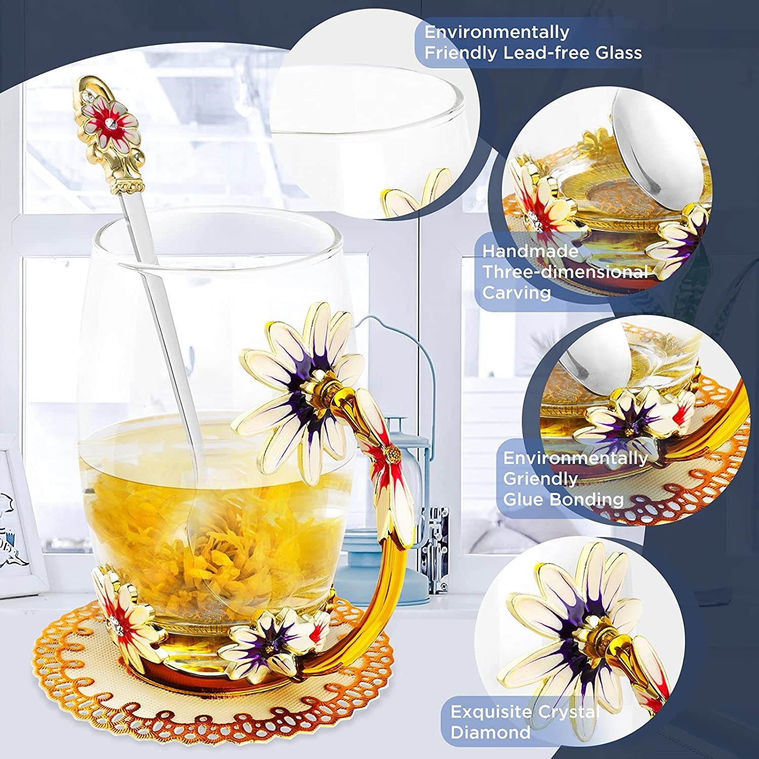 Yellow Flower Glass Tea Coffee Cup Set - Perfect Gift for Her on Special Occasions - Shop Now! - Nourishment Tapestry