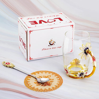 Yellow Flower Glass Tea Coffee Cup Set - Perfect Gift for Her on Special Occasions - Shop Now! - Nourishment Tapestry